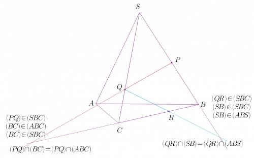 Зафиксируйте на ребрах sb, sc и bc тетраэдра sabc точки p,q,r соответственно. найдите точку пересече