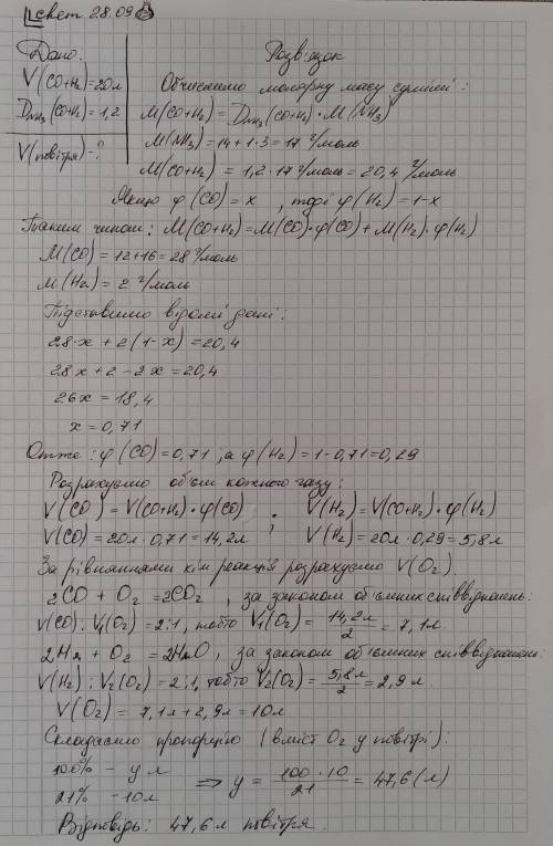 Визначте обєм повітря, необхідний для спалювання 20 л суміші чадного газу та водню. густина за амоні
