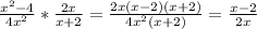 \frac{x^2-4}{4x^2}* \frac{2x}{x+2}= \frac{2x(x-2)(x+2)}{4x^2(x+2)} = \frac{x-2}{2x}