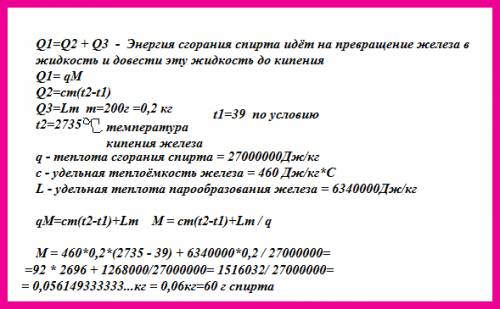 Сколько надо сжечь спирта, чтобы 200 г железа взятого при температуре 39 °с довести до кипения?