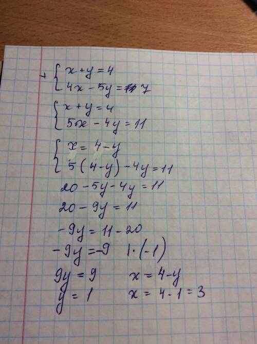 Решите систему уравнений методом сложения : { x+y=4, 4x -5y=7