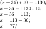 (x+36)*10=1130;\\x+36=1130:10;\\x+36=113;\\x=113-36;\\x=77/