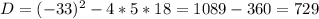 D=(-33)^2-4*5*18=1089-360=729