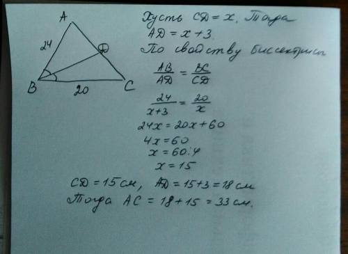 Відрізок bd - бісектриса трикутника авс, ав = 24 см, вс = 20 см, відрізок ad на 3 см більший за відр