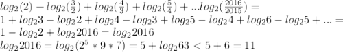 log_{2} ( 2 ) + log_{2} ( \frac{3}{2}) + log_{2} (\frac{4}{3}) + log_{2} (\frac{5}{4} ) + ... log_{2} (\frac{2016}{2015} ) = \\ &#10; 1+log_{2}3 - log_{2}2 + log_{2}4-log_{2}3+log_{2}5 - log_{2}4 + log_{2}6 - log_{2}5 + ... = \\&#10; 1-log_{2}2 + log_{2}2016 = log_{2}2016 \\ &#10; log_{2}2016 = log_{2}(2^5*9*7) = 5+log_{2}63 \ \textless \ 5+6 = 11