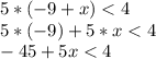 5 * (-9 + x) < 4\\5 * (-9) + 5*x < 4\\-45 + 5x < 4