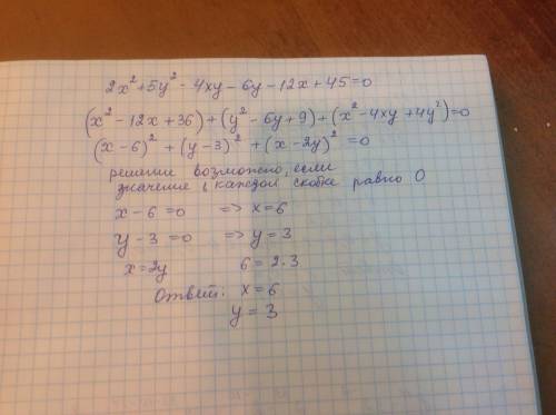 2x^2+5y^2-4xy-6y-12x+45= 0 решить .