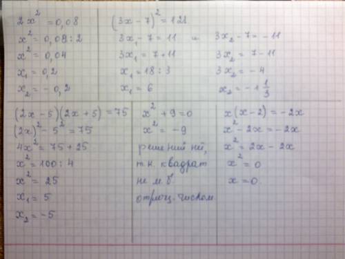 Решить уравнения 2x^2=0,08; (3x-7)^2=121; (2x-5)(2x+5)=75; x^2+9=0; x(x-2)=-2x