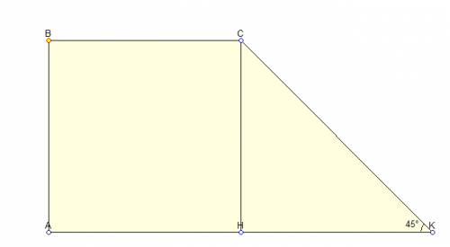 Впрямоугольной трапеции abck большая бокавая сторона равна 8√7 а угол k равен 45 градусам а высота c