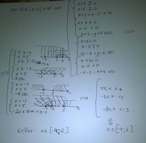 Решить неравенство: |x+3|+|x-5|⩽10