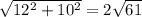 \sqrt{12^2 + 10^2} = 2 \sqrt{61}