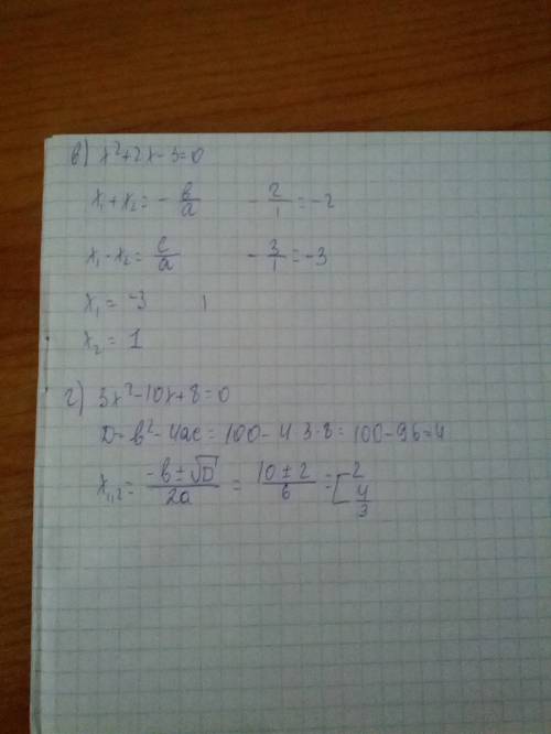 A) x^2-8x+7= 0 б)x^2+2x-8=0 а) б) в) решить по теореме виета в)x^2+2x-3=0 г)3x^2-10x+8=0 г) решить ч