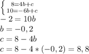 \left \{ {{8=4b+c} \atop {10=-6b+c}} \right. \\ -2=10b\\ b=-0,2\\ c=8-4b\\ c=8-4*(-0,2)=8,8