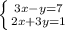 \left \{ {{3x&-&y&=&7} \atop {2x&+&3y&=&1}} \right.