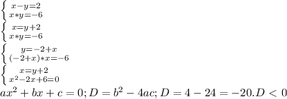 \left \{ {{x-y=2} \atop {x*y=-6}} \right. \\&#10; \left \{ {{x=y+2} \atop {x*y=-6}} \right. \\&#10; \left \{ {{y=-2+x} \atop {(-2+x)*x=-6}} \right. \\&#10; \left \{ {{x=y+2} \atop {x^2-2x+6=0}} \right. \\&#10;ax^2+bx+c=0 ; D= b^2-4ac ; D=4-24=-20. D\ \textless \ 0 \\&#10;