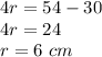 4r=54-30\\4r=24\\r=6\ cm