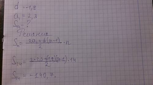 Дана арифмитическая прогрессия (an) разность которой равна -1.9 а1=2.3 найдите сумму первых 14 её чл