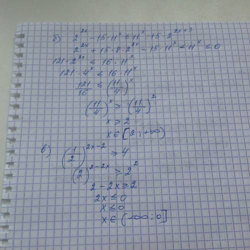 Решите неравенства: а) 4^x - 2^(x+5) - 68 ≥ 0 б) 2^2x - 15* 11^x ≤ 11^x - 15*2^(2x+3) в) (1/2)^(2x-2