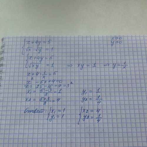 Вроде легко, а я понять не могу x+4y=5 корень x умножить на корень у=1 (это система)