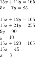 15x+12y=165 \\&#10;5x+7y=85 \\&#10;\\&#10;15x+12y=165 \\&#10;15x+21y=255 \\&#10;9y=90 \\&#10;y=10 \\&#10;15x+120=165 \\&#10;15x=45 \\&#10;x=3