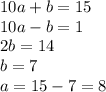 10a+b=15\\&#10;10a-b=1\\&#10;2b=14\\&#10;b=7\\&#10;a=15-7=8