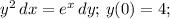 y^2\,dx=e^x\,dy;\, y(0)=4;