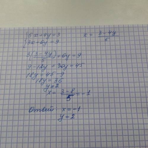 Из пары чисел (-2; ; ; 2) выберите решиние системы 5х+4y=3 3x+6y=9