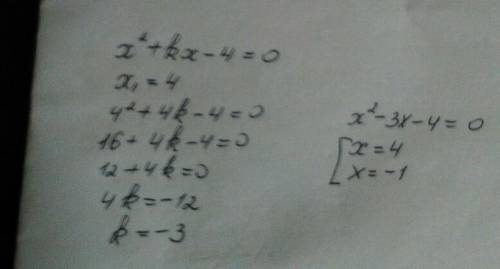 Один із коренів рівняння х^2+ kx – 4 = 0 дорівнює 4. знайти k.! ​