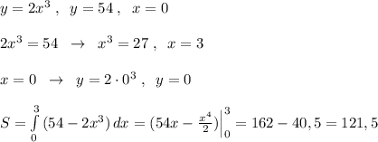 y=2x^3\; ,\; \; y=54\; ,\; \; x=0\\\\2x^3=54\; \; \to \; \; x^3=27\; ,\; \; x=3\\\\x=0\; \; \to \; \; y=2\cdot 0^3\; ,\; \; y=0\\\\S=\int\limits^3_0\, (54-2x^3)\, dx=(54x-\frac{x^4}{2})\Big |_0^3=162-40,5=121,5