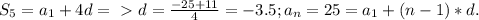 S_{5} = a_{1} + 4d =\ \textgreater \ d= \frac{-25+11}{4} = -3.5; a_{n} =25 = a_{1} + (n-1)*d.