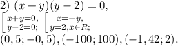 2) \ (x+y)(y-2)=0, \\ \left [ {{x+y=0,} \atop {y-2=0;}} \right. \left [ {{x=-y,} \atop {y=2, x\in R;}} \right. \\ (0,5;-0,5), (-100;100), (-1,42;2).