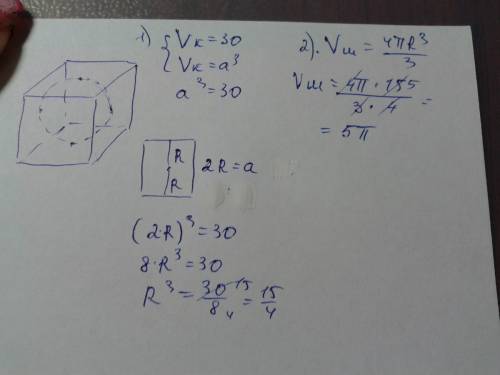 Вкуб вписан шар.найдите объем шара,если объем куба равен 30