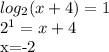 log_2(x+4)=1&#10;&#10;2^1=x+4&#10;&#10;x=-2