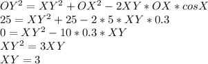 OY^2=XY^2+OX^2-2XY*OX*cosX \\ 25=XY^2+25-2*5*XY*0.3 \\ 0=XY^2-10*0.3*XY \\ XY^2=3XY \\ XY=3&#10;