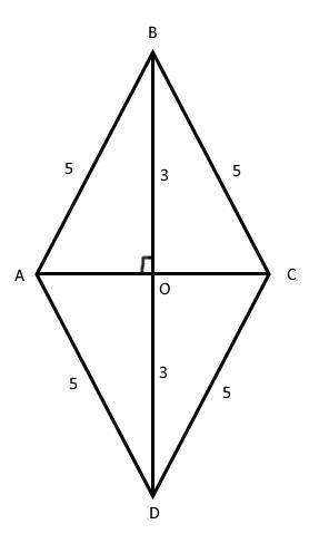 Много ! длина одной из диагоналей ромба равна 6 см, а длина стороны этого ромба равна 5 см. найти д