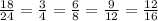 \frac{18}{24}=\frac34=\frac68=\frac{9}{12}=\frac{12}{16}