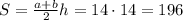 S= \frac{a+b}{2}h=14\cdot14=196