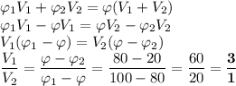 \varphi_{1}V_{1} + \varphi_{2}V_{2} = \varphi(V_{1} + V_{2}) \\ \varphi_{1}V_{1} - \varphi V_{1} = \varphi V_{2} - \varphi_{2}V_{2} \\ V_{1}(\varphi_{1} - \varphi) = V_{2}(\varphi - \varphi_{2}) \\ \dfrac{V_{1}}{V_{2}} = \dfrac{\varphi - \varphi_{2}}{\varphi_{1} - \varphi} = \dfrac{80 - 20}{100 - 80} = \dfrac{60}{20} = \bf{\dfrac{3}{1}}