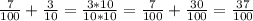 \frac{7}{100} + \frac{3}{10} = \frac{3*10}{10*10} = \frac{7}{100} + \frac{30}{100} = \frac{37}{100}