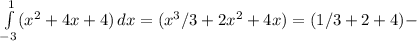 \int\limits^1_ {-3}( x^{2} +4x+4) \, dx=( x^{3}/3+2 x^{2} +4x)=(1/3+2+4)-