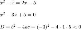 x^2-x=2x-5\\ \\ x^2-3x+5=0\\ \\ D=b^2-4ac=(-3)^2-4\cdot1\cdot5\ \textless \ 0