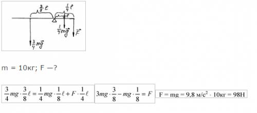 Дошка масою 10 кг підперли на відстані 1/4 її довжини. яку силу перпендикулярно дошці необхідно прик