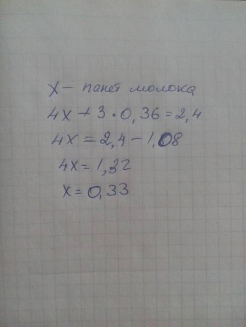 Составте и решите уравнение: купили 4 пакета молока и 3 пакета кефира.на всю покупку потратили 2,4 р