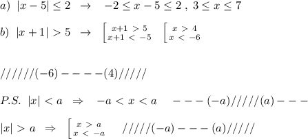 a)\; \; |x-5| \leq 2\; \; \to \; \; \; -2 \leq x-5 \leq 2\; ,\; 3 \leq x \leq 7\\\\b)\; \; |x+1|\ \textgreater \ 5\; \; \to \; \; \left [ {{x+1\ \textgreater \ 5} \atop {x+1\ \textless \ -5}} \right. \; \; \left [ {{x\ \textgreater \ 4} \atop {x\ \textless \ -6}} \right. \\\\\\//////(-6)----(4)/////\\\\P.S.\; \; |x|\ \textless \ a\; \; \Rightarrow \; \; \; -a\ \textless \ x\ \textless \ a\; \; \; \; ---(-a)/////(a)---\\\\|x|\ \textgreater \ a\; \; \Rightarrow \; \; \left [ {{x\ \textgreater \ a} \atop {x\ \textless \ -a}} \right. \; \; \; \; /////(-a)---(a)/////