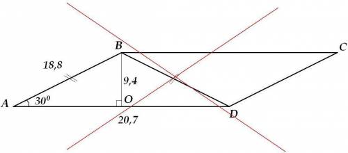 Впараллелограмме диагональ bd 18,8 см и она равна стороне ab а угол a 30 градусов,найдите площадь па