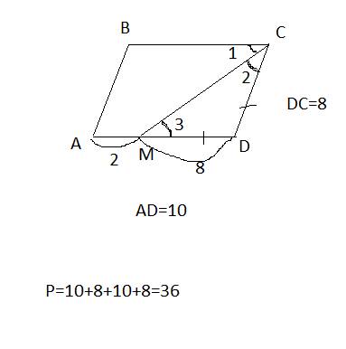 Впараллелограмме abcd биссектриса острого угла с пересекает сторону ab в точке m ,am=2cm,md=8cm. най