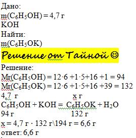 Сколько грамм фенолята калия можно получить при взаимодействии 4,7 грамм фенола с гидроксидом калия?