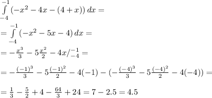 \int\limits^{-1}_{-4} {(- x^{2} -4x-(4+x))} \, dx = \\ \\ =&#10;\int\limits^{-1}_{-4} {(- x^{2} -5x-4)} \, dx = \\ \\ =&#10;- \frac{ x^{3} }{3} -5 \frac{ x^{2}}{2} -4x/^{-1}_{-4} = \\ \\ =&#10;- \frac{ (-1)^{3} }{3} -5 \frac{ (-1)^{2}}{2} -4(-1)-(- \frac{ (-4)^{3} }{3} -5 \frac{ (-4)^{2}}{2} -4(-4))= \\ \\ = \frac{1}{3}- \frac{5}{2}+4- \frac{64}{3}+24=7-2.5=4.5