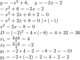 y=-x^2+6, \ \ \ y=-2x-2\\&#10;-x^2+6=-2x-2\\&#10;-x^2+2x+6+2=0\\&#10;-x^2+2x+8=0 \ |*(-1)\\&#10;x^2-2x-8=0\\&#10;D=(-2)^2-4*(-8)=4+32=36\\&#10;x_1=\frac{2+6}2=4\\&#10;x_2=\frac{2-6}2=-2\\&#10;y_1=-2*4-2=-8-2=-10\\&#10;y_2=-2*(-2)-2=4-2=2\\