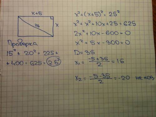 Одна сторона прямоугольника на 5 см больше другой, а диагональ прямоугольника равна 25 см. определит